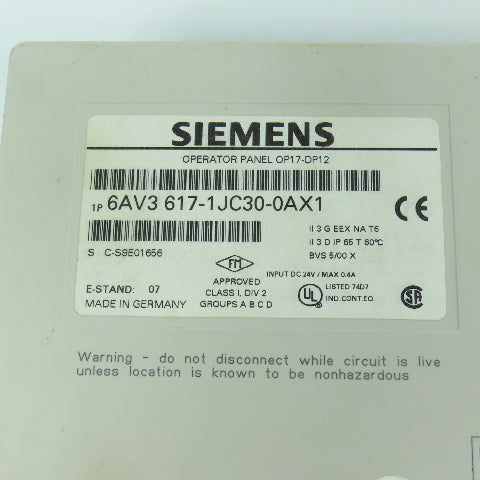 Siemens 6AV3 617-1JC30-0AX1 Operator Panel Display OP17-DP12 W/ Mounting Clips
