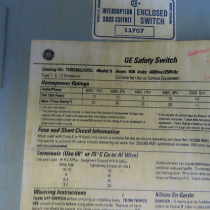 General Electric THR3362JCHCL Mod 1 60A 600V 3P Fusible Safety Disconnect Switch