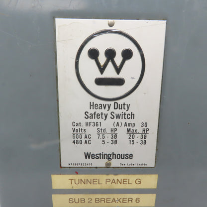 Westinghouse HF361 30A 600V 3 Pole Fusible Safety Disconnect Switch