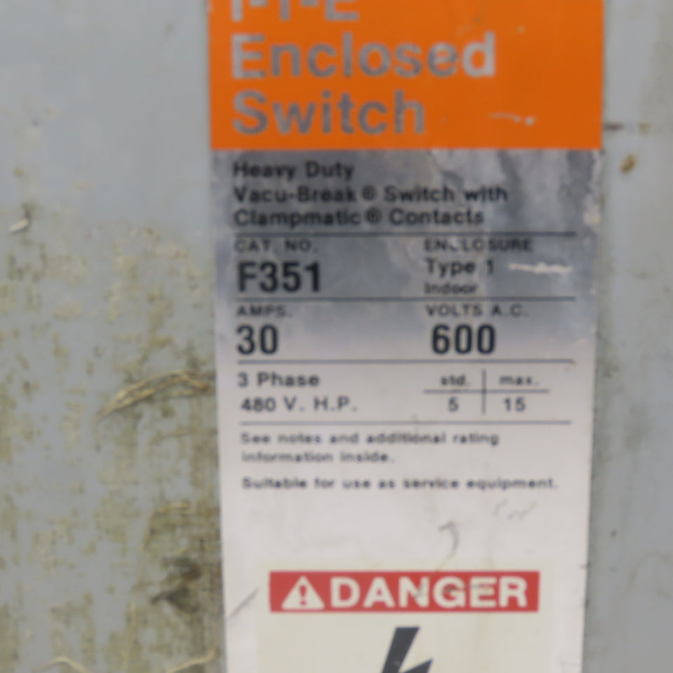ITE F-351 30A 600V 3 Pole Fusible Safety Disconnect Switch
