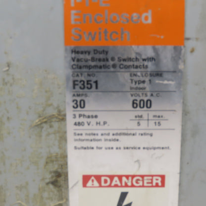 ITE F-351 30A 600V 3 Pole Fusible Safety Disconnect Switch