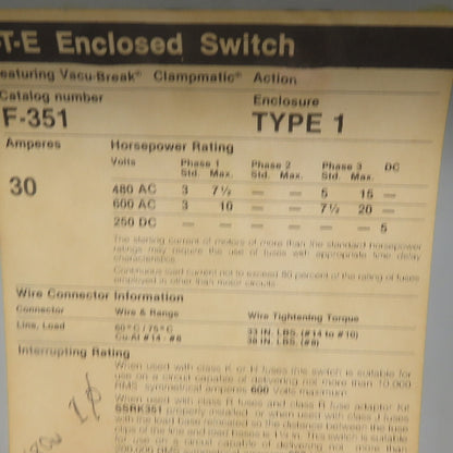 ITE F-351 30A 600V 3 Pole Fusible Safety Disconnect Switch