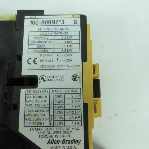 Allen Bradley 100-A09NZ*3 Ser B 22A Contactor 24VDC Coil 7.5HP W/ 193-BSB 1-1.6A