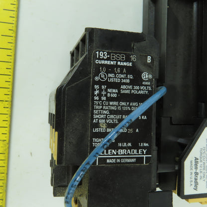 Allen Bradley 100-A09NZ*3 Ser B 22A Contactor 24VDC Coil 7.5HP W/ 193-BSB 1-1.6A