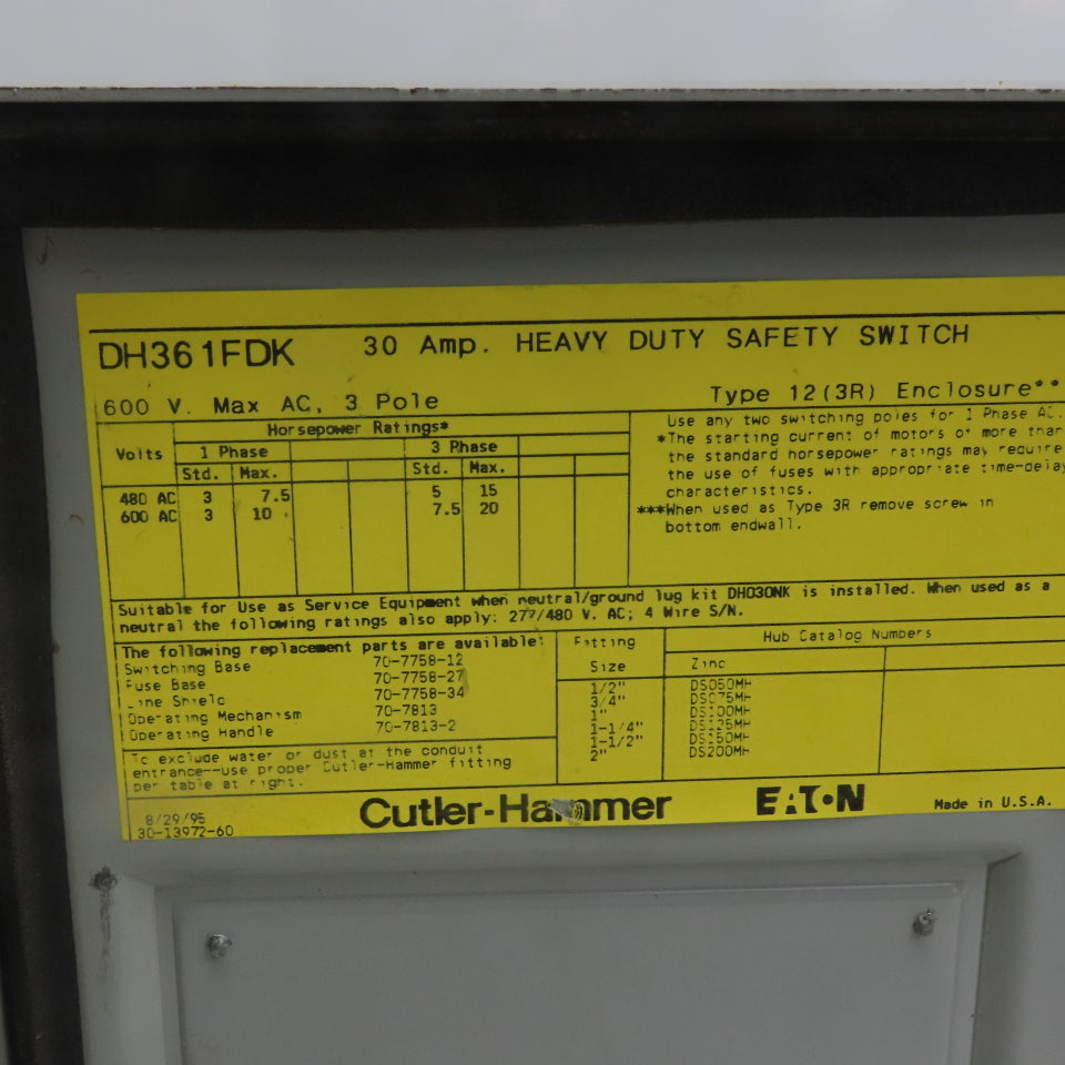 Cutler Hammer DH361FDK 30A 600V 3 Pole Fusible Safety Disconnect Switch