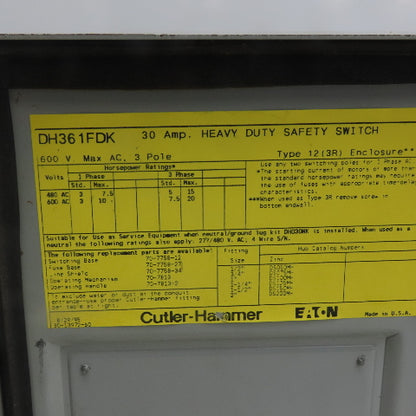 Cutler Hammer DH361FDK 30A 600V 3 Pole Fusible Safety Disconnect Switch