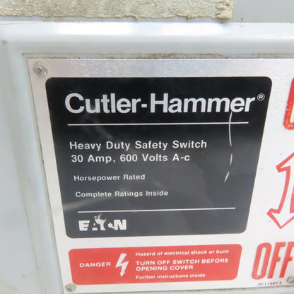 Cutler Hammer DH361FDK 30A 600V 3 Pole Fusible Safety Disconnect Switch
