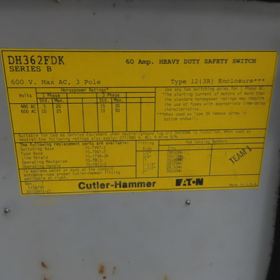 Cutler Hammer DH361FDK Ser. B 30A 600V 3 Pole Fusible Safety Disconnect Switch