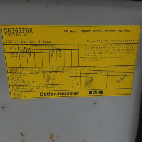 Cutler Hammer DH361FDK Ser. B 30A 600V 3 Pole Fusible Safety Disconnect Switch