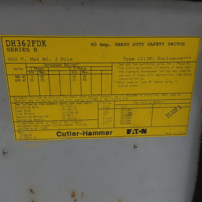Cutler Hammer DH361FDK Ser. B 30A 600V 3 Pole Fusible Safety Disconnect Switch