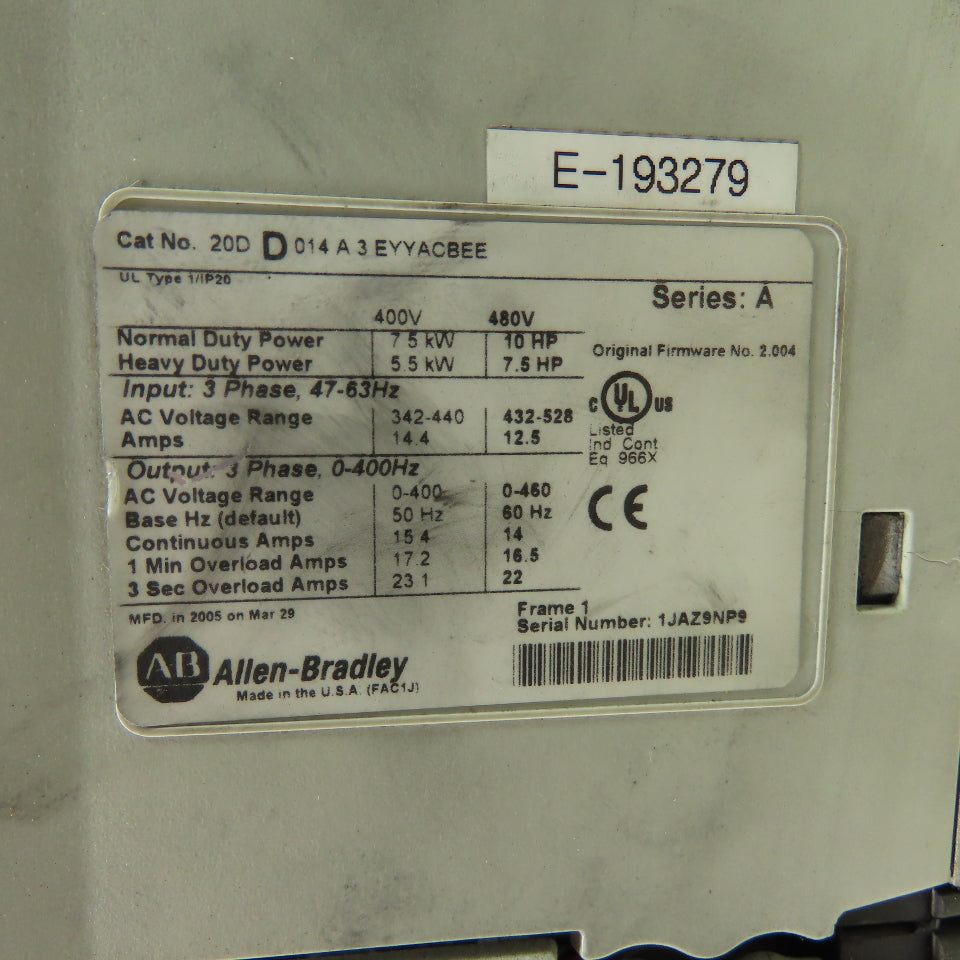 Allen Bradley 20DD014A3EYYACBEE Ser A 10HP Power Flex AC Drive 700S 0-460V Out