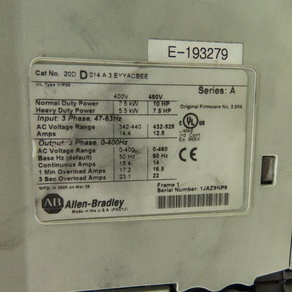 Allen Bradley 20DD014A3EYYACBEE Ser A 10HP Power Flex AC Drive 700S 0-460V Out