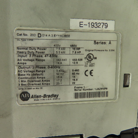 Allen Bradley 20DD014A3EYYACBEE Ser A 10HP Power Flex AC Drive 700S 0-460V Out