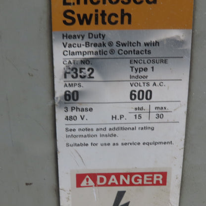 ITE Siemens F-352 60A 600V 3 Pole Fusible Safety Disconnect Switch 30Hp