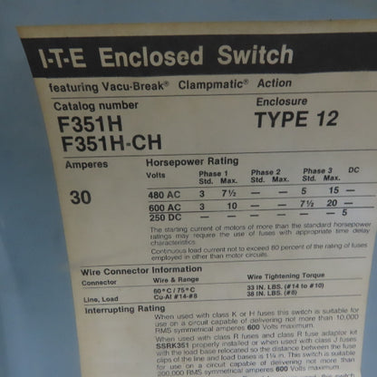 ITE F351H-CH 30A 600V 3 Pole Fusible Safety Disconnect Switch