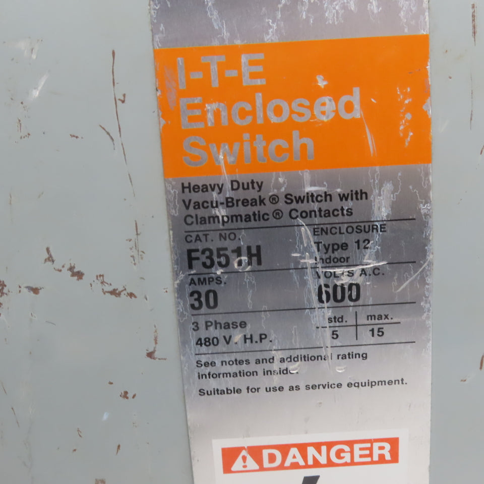 ITE F351H-CH 30A 600V 3 Pole Fusible Safety Disconnect Switch