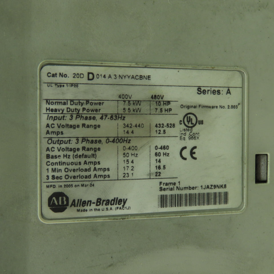 Allen Bradley 20DD014A3NYYACBNE Ser A 10HP 700S AC Drive 0-460V Out Parts/Repair