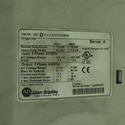 Allen Bradley 20DD014A3NYYACBNE Ser A 10HP 700S AC Drive 0-460V Out Parts/Repair
