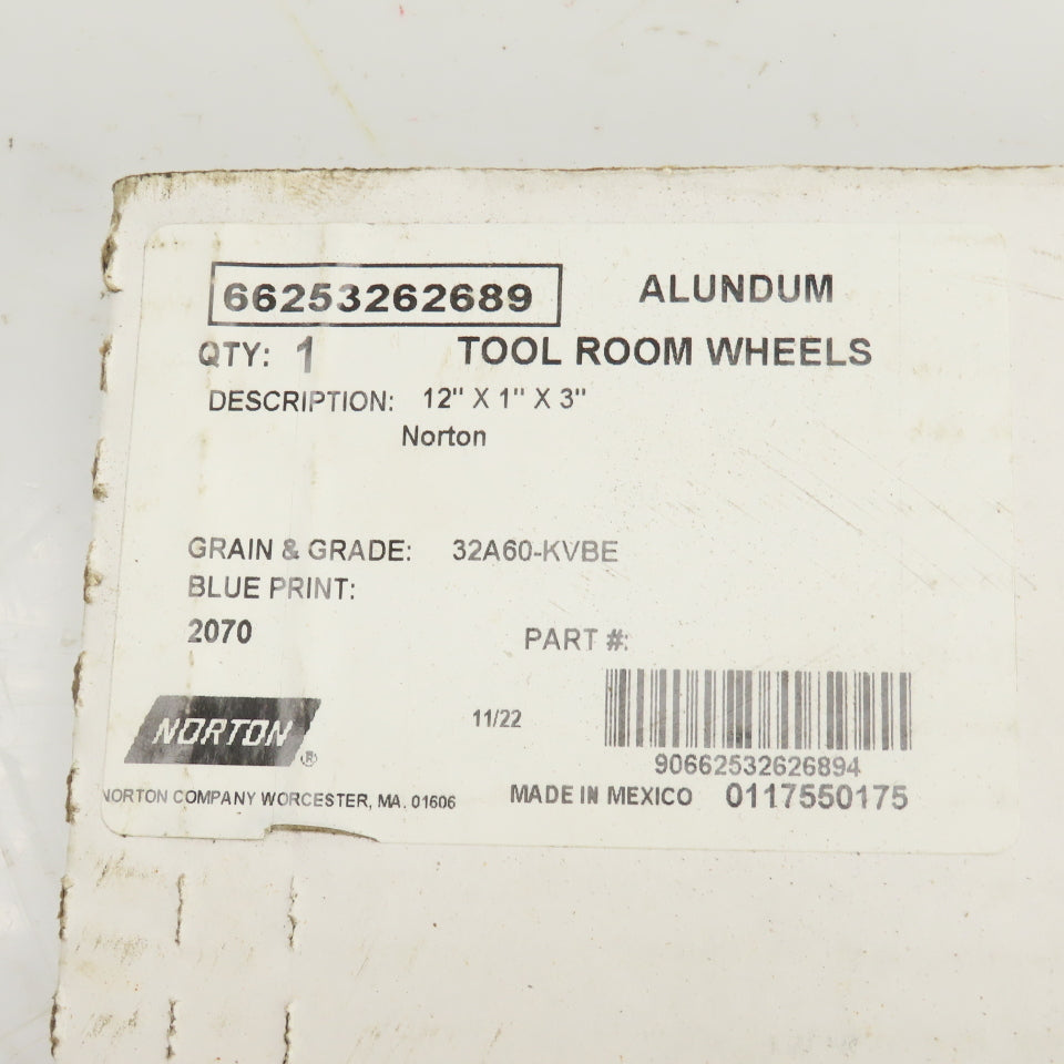 Norton 12" OD x 1" Thick 32A60-KVBE Tool Room Grinding Wheel 2070RPM 3" Arbor