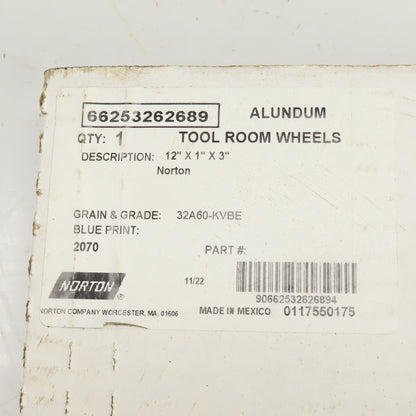 Norton 12" OD x 1" Thick 32A60-KVBE Tool Room Grinding Wheel 2070RPM 3" Arbor