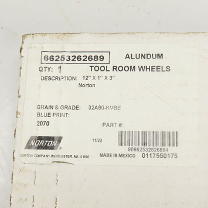 Norton 12" OD x 1" Thick 32A60-KVBE Tool Room Grinding Wheel 2070RPM 3" Arbor