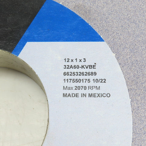 Norton 12" OD x 1" Thick 32A60-KVBE Tool Room Grinding Wheel 2070RPM 3" Arbor