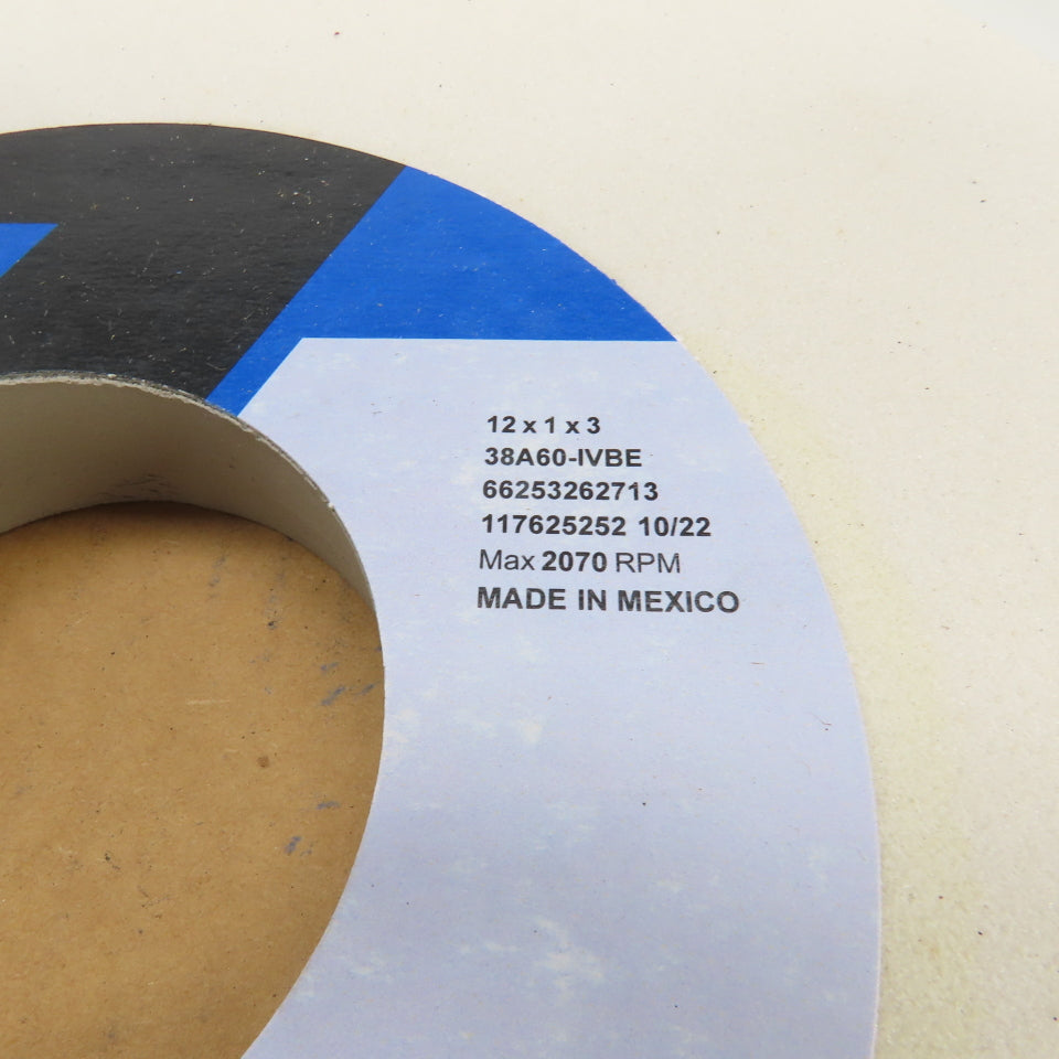 Norton 12" OD x 1" Thick 38A60-IVBE Tool Room Grinding Wheel 2070RPM 3" Arbor