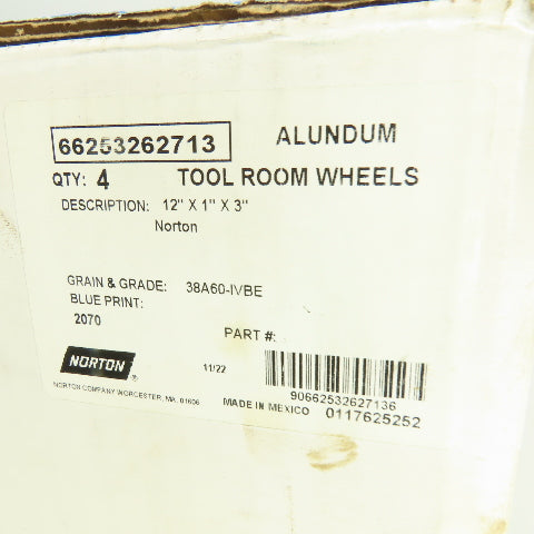 Norton 12" OD x 1" Thick 38A60-IVBE Tool Room Grinding Wheel 2070RPM 3" Arbor