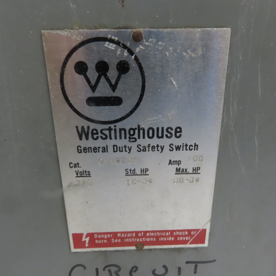 Westinghouse Bryant GFN423N 100A 240V 3 Pole Fusible Safety Disconnect Switch