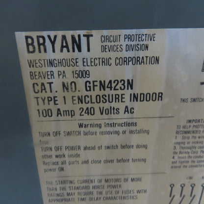 Westinghouse Bryant GFN423N 100A 240V 3 Pole Fusible Safety Disconnect Switch