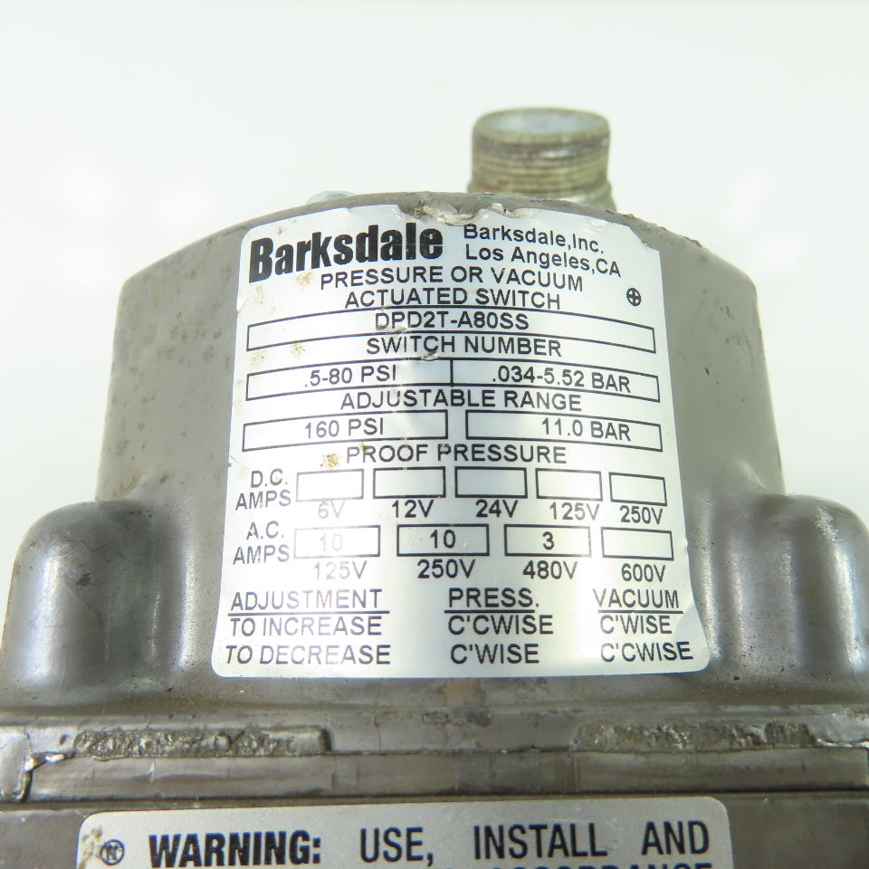 Barksdale DPD2T-A80SS Differential Pressure Switch 160PSI 1/8" NPT