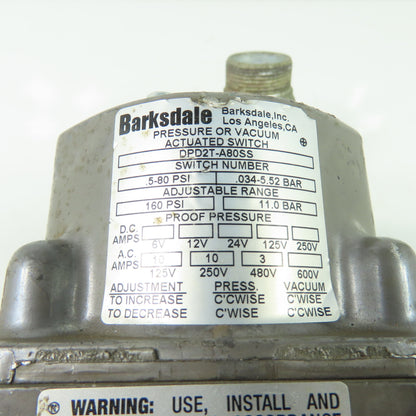 Barksdale DPD2T-A80SS Differential Pressure Switch 160PSI 1/8" NPT