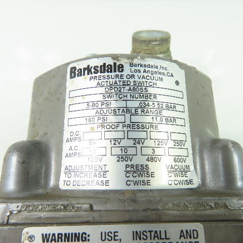 Barksdale DPD2T-A80SS Differential Pressure Switch 160PSI 1/8" NPT