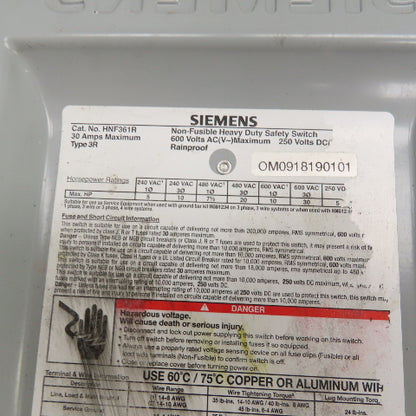 Siemens HNF361R 30A Heavy Duty Non-Fusible Safety Disconnect Switch 600VAC 3R