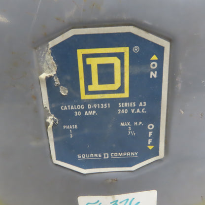 Square D D-91351 Ser A3 30A 240V 3 Pole Non-Fused Safety Switch Disconnect