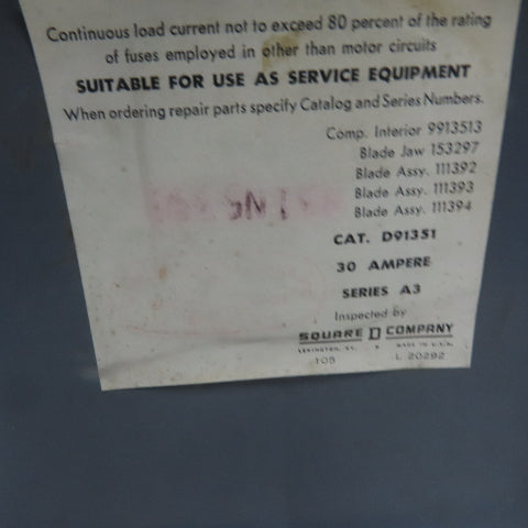Square D D-91351 Ser A3 30A 240V 3 Pole Non-Fused Safety Switch Disconnect