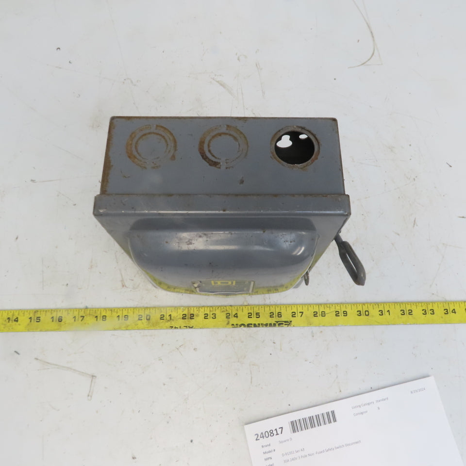 Square D D-91351 Ser A3 30A 240V 3 Pole Non-Fused Safety Switch Disconnect