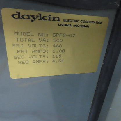 Daykin GPFS-07 Enclosed Transformer Disconnect 500VA 480V Pri 120V Sec 1PH