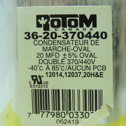 Rotom 36-20-370440 20 MFD +5% Oval Run Capacitor Dual 370/440V
