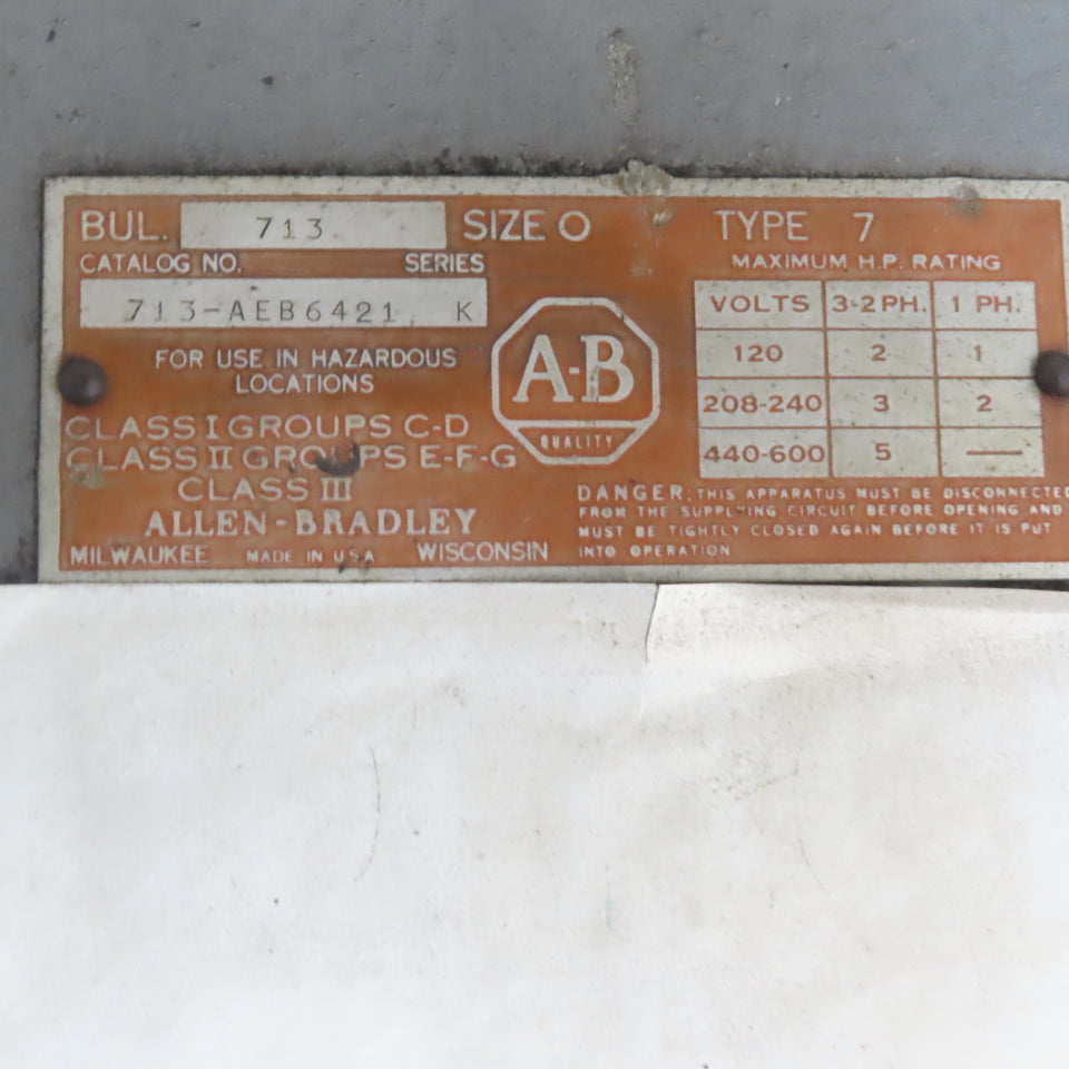 Allen Bradley 713-AEB6421 Sz 0 Explosion Proof Hazardous Location Motor Starter