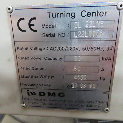 DMC DL 22LMB CNC Lathe Turning Center 12 Station Turret W/Chip Conveyor 200/220V