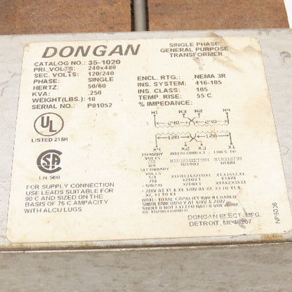 Dongan 35-1020 240x480V Pri .250kVa 120/240V Sec Single Phase Transformer
