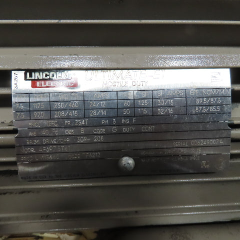 Lincoln AF6P7.5T61 7.5HP Electric Motor 1175RPM 230/460V 3PH 254T Frame Tested