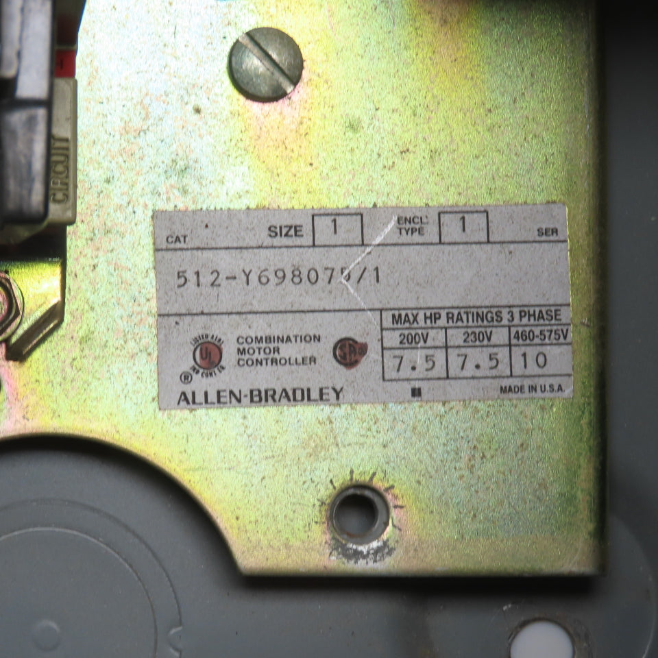 Allen Bradley 512-Y698075/1 Size 1 Combination Starter 120V Controls 10HP 600V
