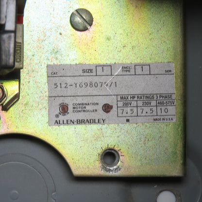 Allen Bradley 512-Y698075/1 Size 1 Combination Starter 120V Controls 10HP 600V