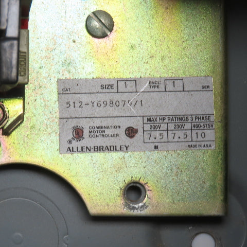 Allen Bradley 512-Y698075/1 Size 1 Combination Starter 120V Controls 10HP 600V