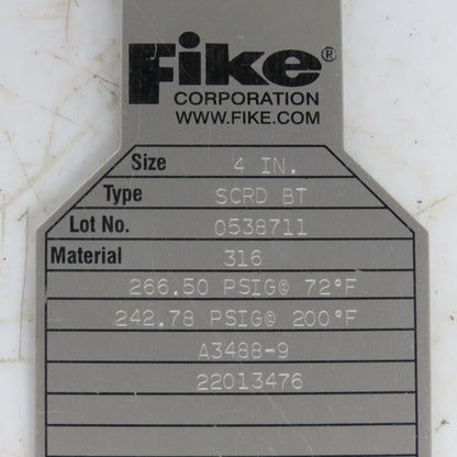 Fike A3488-9 Type SCRD BT Rupture Disc 4" 266.50 PSIG @72°F 242.78 PSIG @200°F