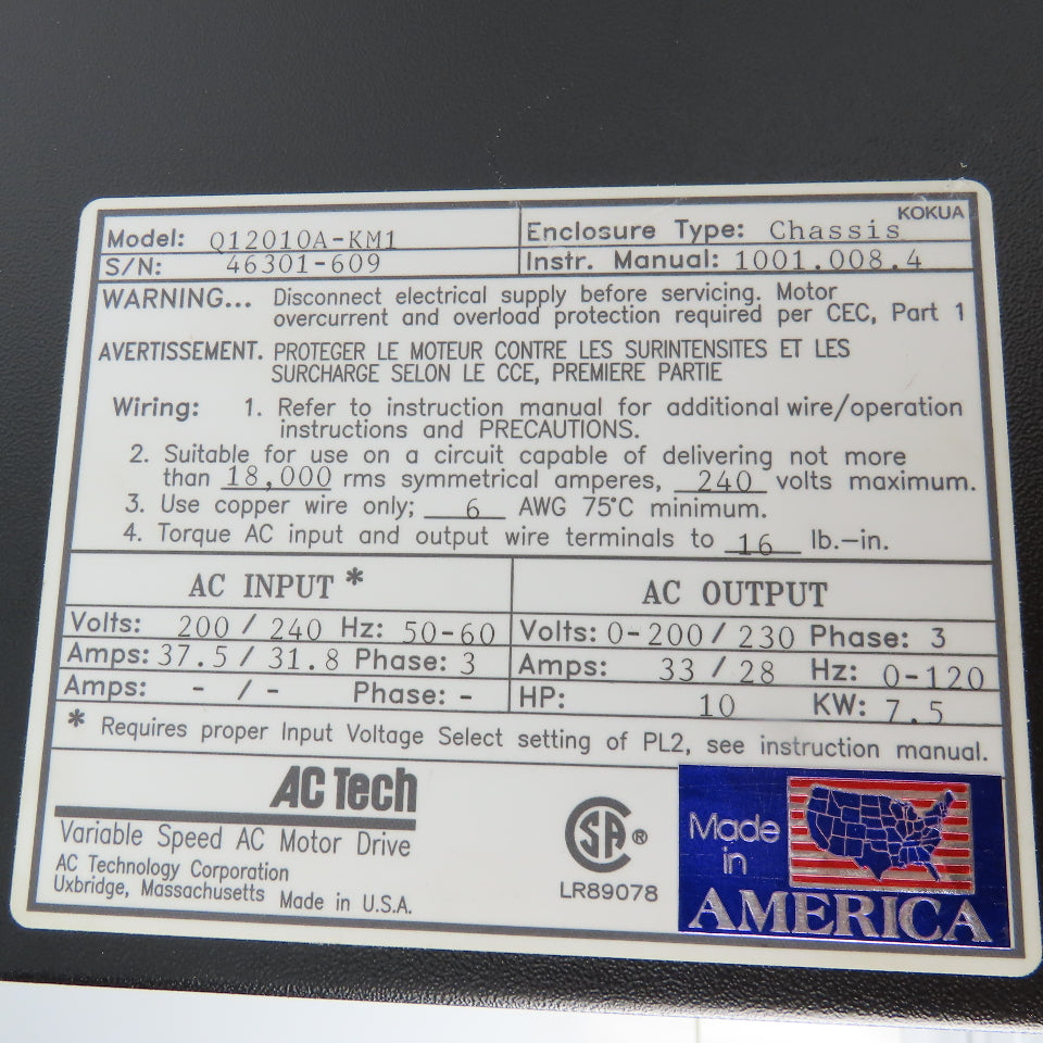AC Tech Q12010A-KM1 200/240VAC 7.5kW 0-120Hz Variable Speed AC Motor Drive