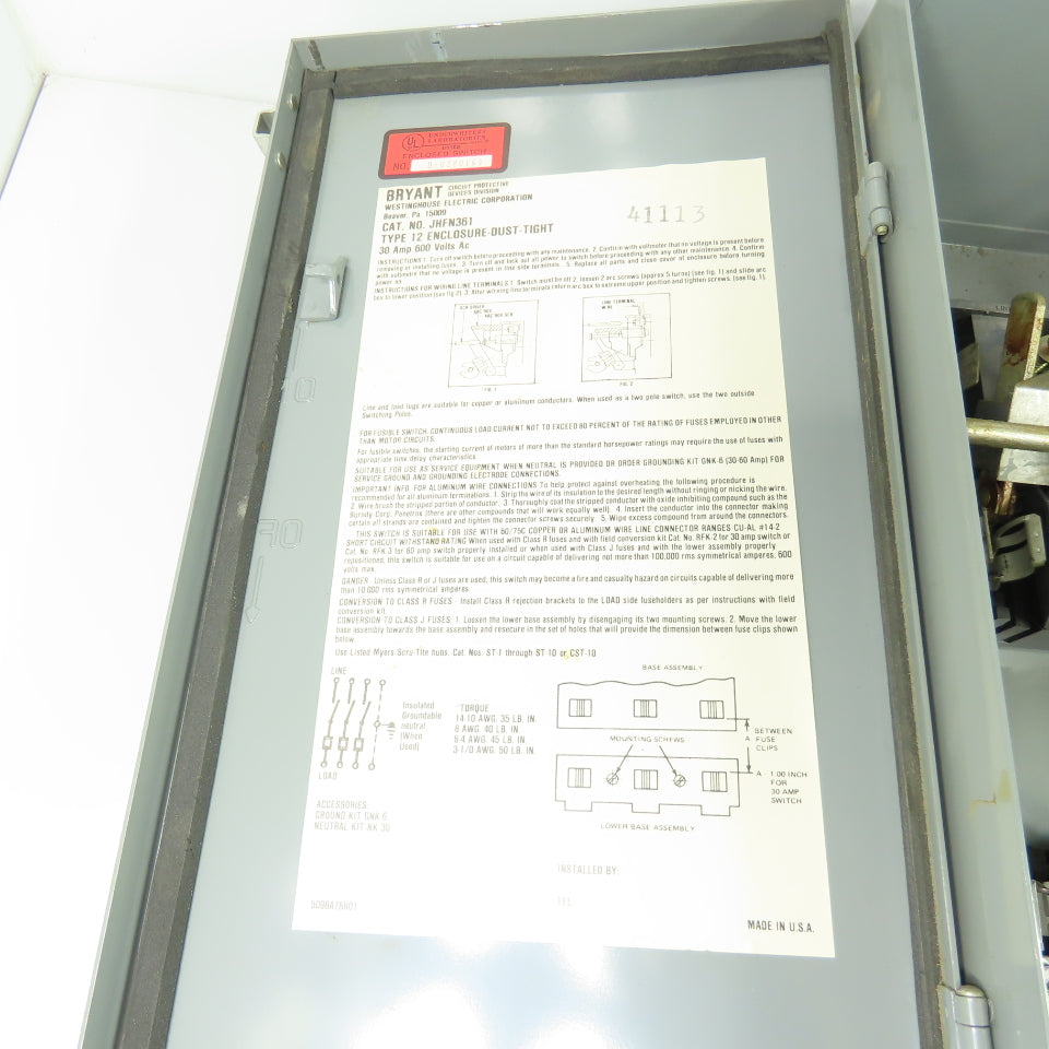 Westinghouse JHFN361 600VAC 3-Pole Fusible Safety Disconnect Switch 30A