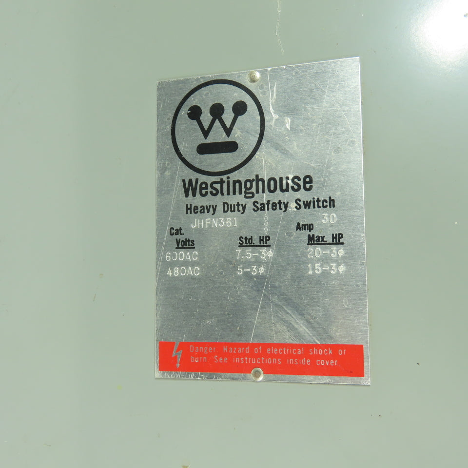 Westinghouse JHFN361 600VAC 3-Pole Fusible Safety Disconnect Switch 30A